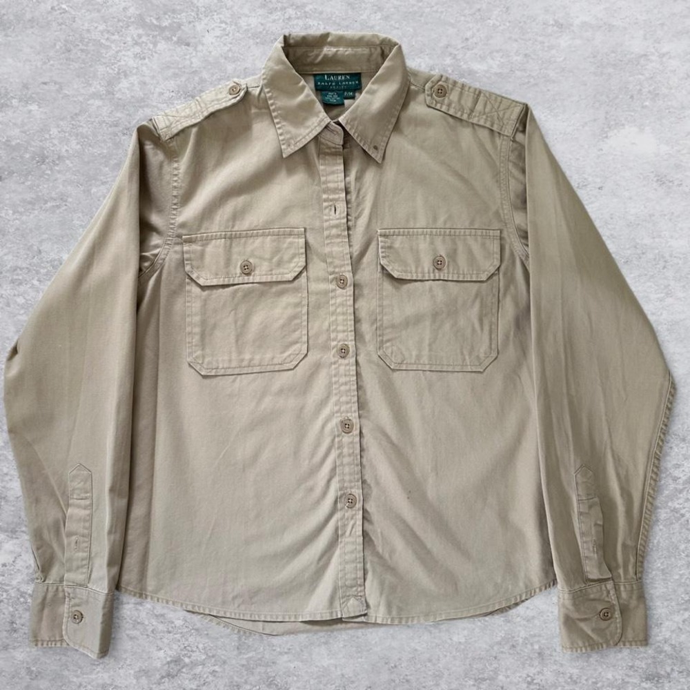 Lauren Ralph Lauren Petite Khaki Utility Safari Button Down Shirt P/M Tan Cotton